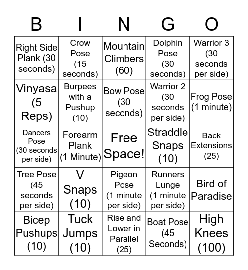 Kickit Conditioning/ Yoga  Bingo  Bingo Card