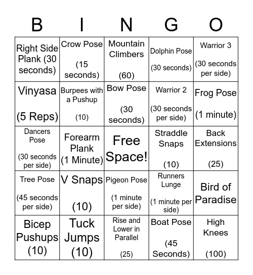 Kickit Conditioning/ Yoga  Bingo  Bingo Card