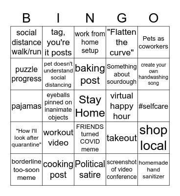 Covid-19 Instagram Bingo Card