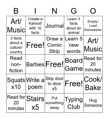 Olivia's Choice Board Bingo Card