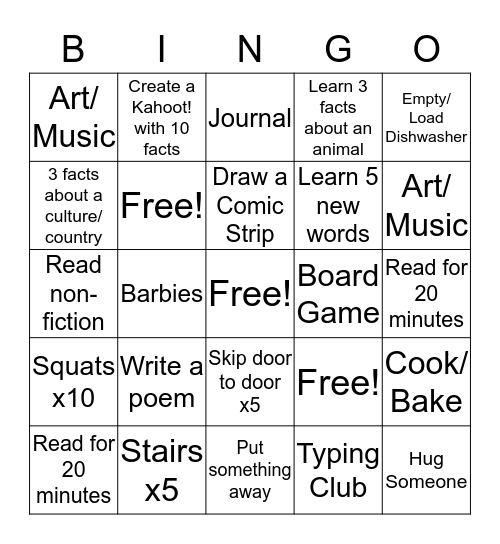 Olivia's Choice Board Bingo Card