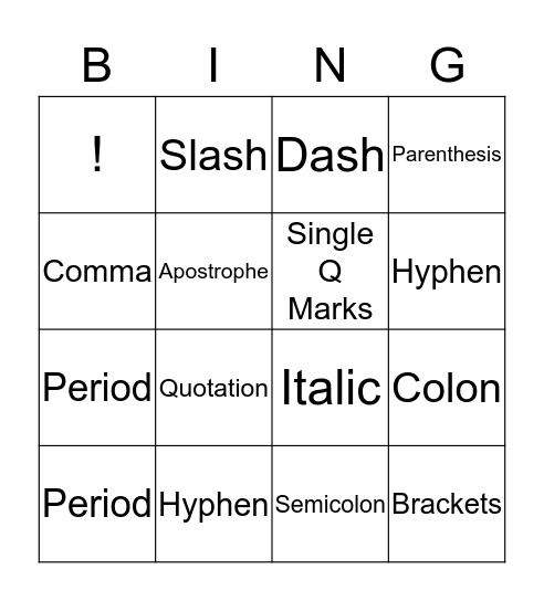 Punctuation Bingo  Bingo Card