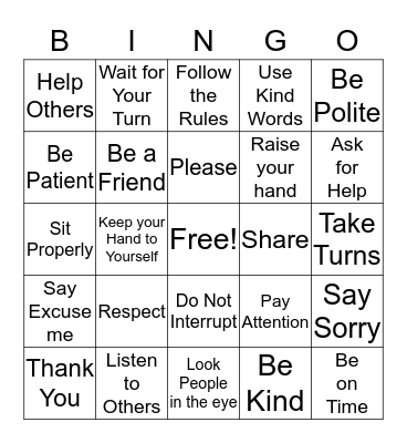 Manners Bingo Card