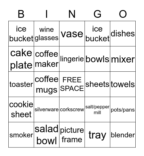 Jane's Bridal Shower Bingo Card