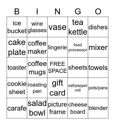 Jane's Bridal Shower Bingo Card