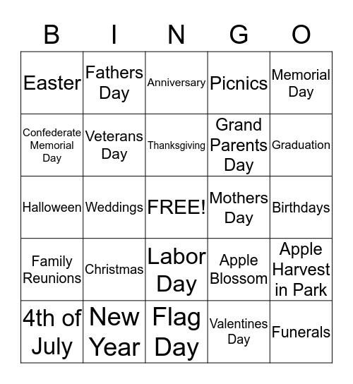 Special Days Bingo Card