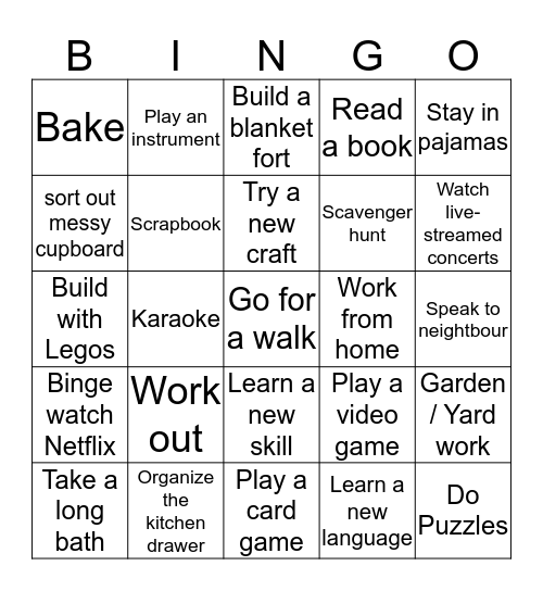 Quarantine Bingo Card