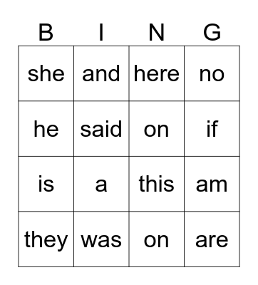 Sight words Bingo Card