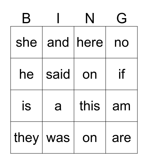 Sight words Bingo Card