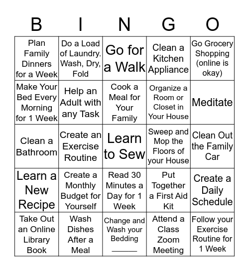 Life Skills Bingo Card