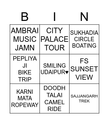 Tick THE ACTIVITIES YOU HAVE DONE IN UDAIPUR AND SHARE IT WITH YOUR FRIENDS Bingo Card