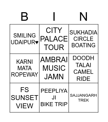 Tick THE ACTIVITIES YOU HAVE DONE IN UDAIPUR AND SHARE IT WITH YOUR FRIENDS Bingo Card