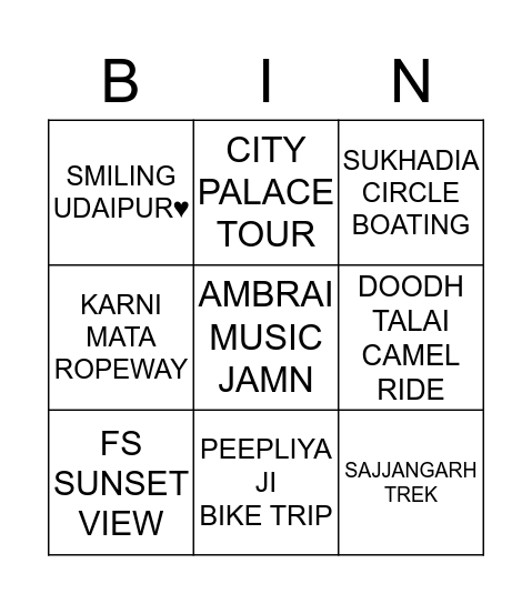Tick THE ACTIVITIES YOU HAVE DONE IN UDAIPUR AND SHARE IT WITH YOUR FRIENDS Bingo Card