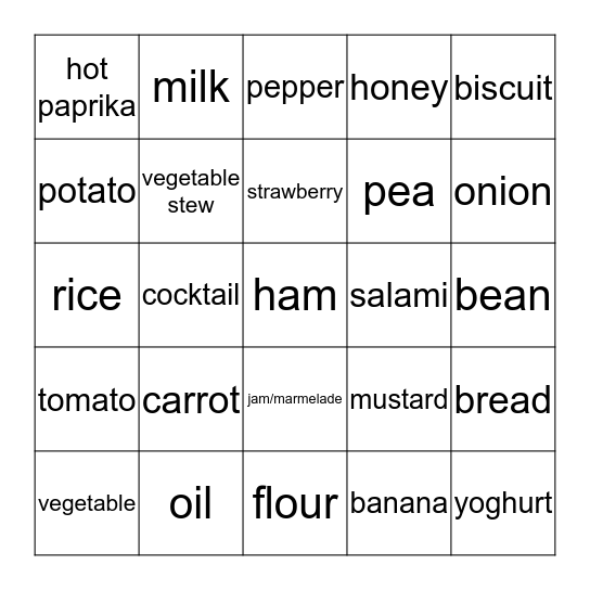 foods and drinks Bingo Card