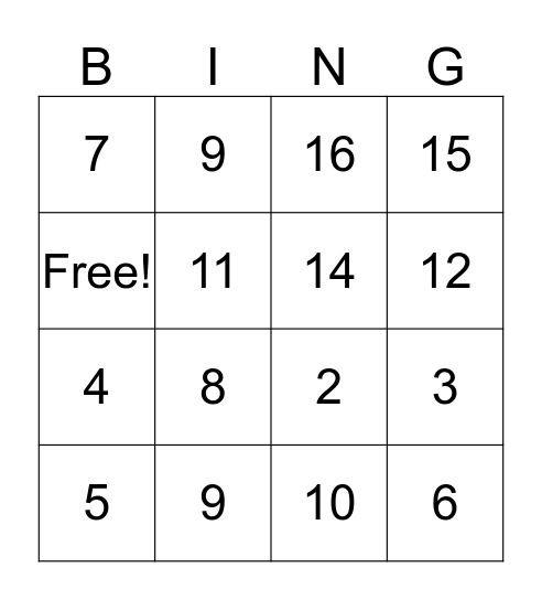 BINGO 1-16 Bingo Card