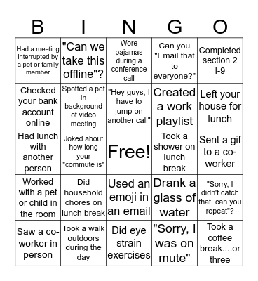 Remote Work Bingo Card