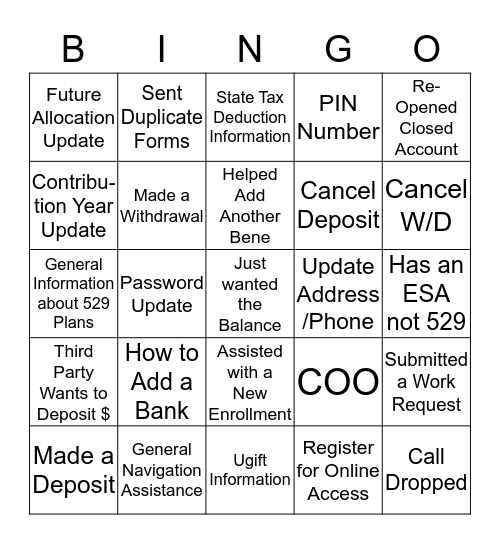 Vanguard Phone Call BINGO!! Bingo Card