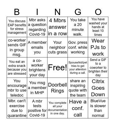 COVID-19 Quarantine Bingo Card