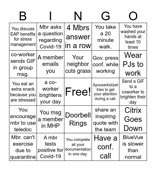 COVID-19 Quarantine Bingo Card