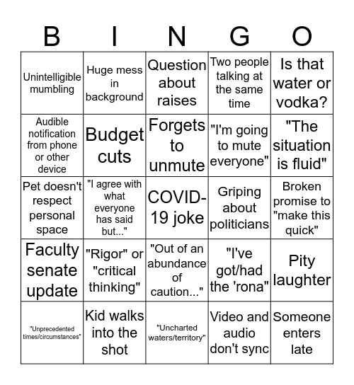 Virtual Faculty Meeting Bingo Card