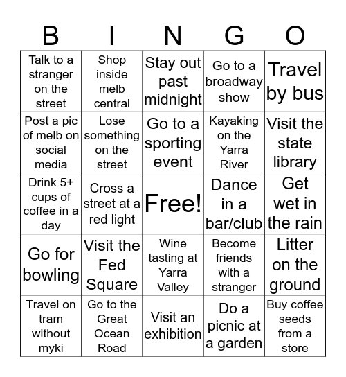 Melbourne Bingo Card