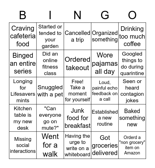 Quarintine Bingo Card
