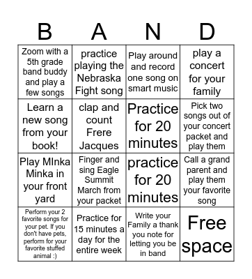 5th grade band bingo Card