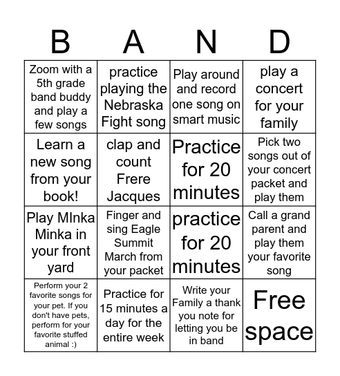 5th grade band bingo Card