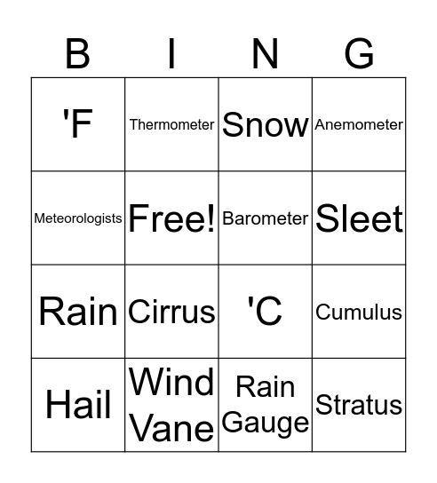 Weather Bingo Card