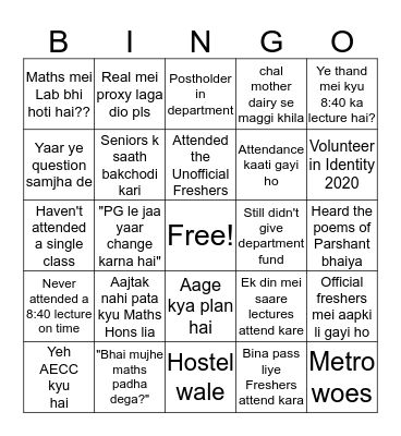 The Department of Mathematics, HRC First Year Bingo Card