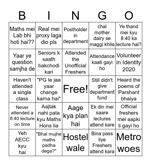 The Department of Mathematics, HRC First Year Bingo Card