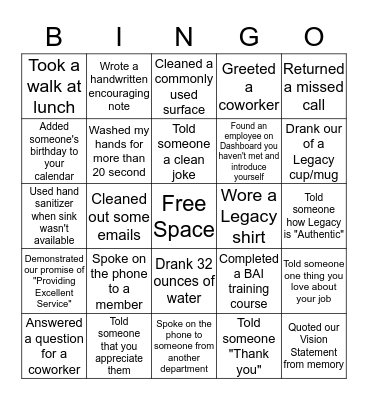 Legacy Bingo Card