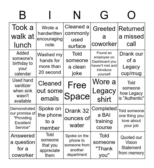 Legacy Bingo Card