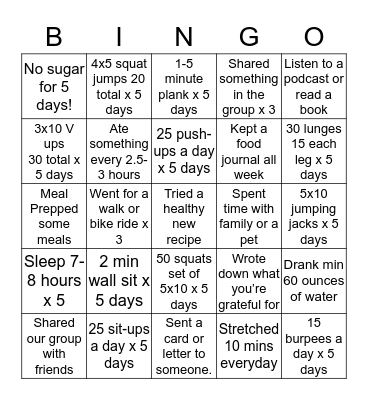 Fitness Bingo Card