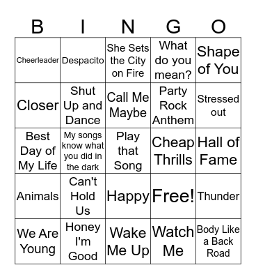 2010 Pop Hits Bingo Card