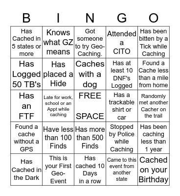 GEO-BINGO:  Meet, Mix, Mingle and have other Cachers sign your card.  Fill Card to Win.  Each Cacher may sign 2 BOXES per card. Bingo Card
