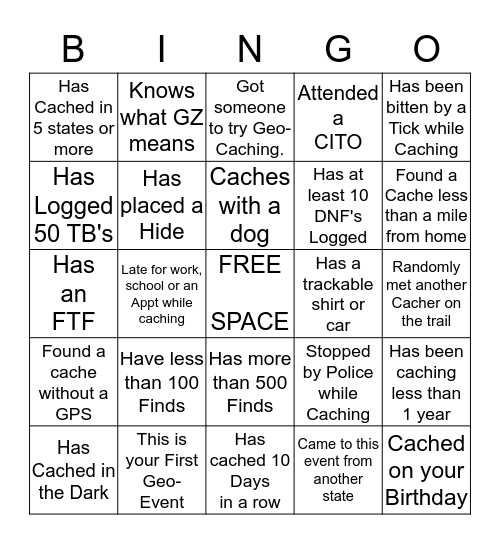 GEO-BINGO:  Meet, Mix, Mingle and have other Cachers sign your card.  Fill Card to Win.  Each Cacher may sign 2 BOXES per card. Bingo Card