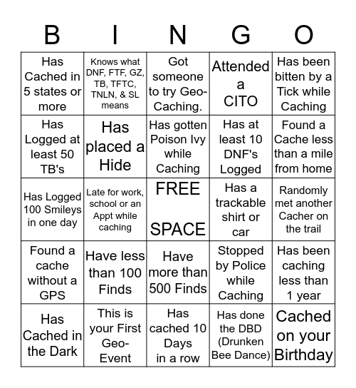 GEO-BINGO:  Meet, Mix, Mingle and have other Cachers sign your card.  Fill Card to Win.  Each Cacher may sign 2 BOXES per card. Bingo Card