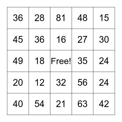 Multiplication Bingo Card