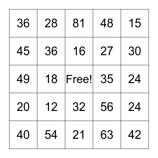 Multiplication Bingo Card