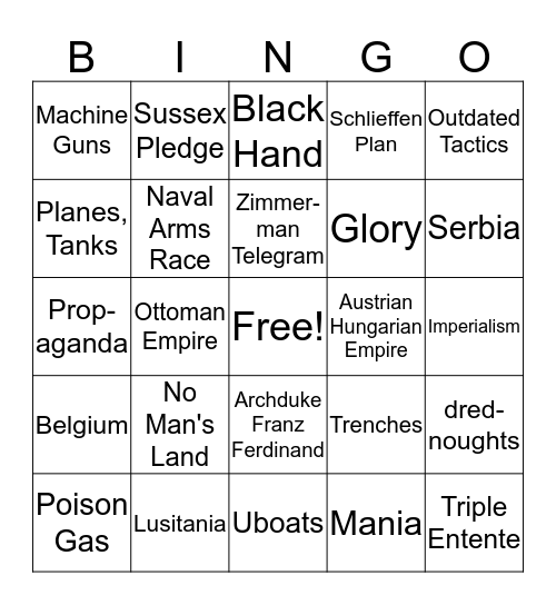 World War I Bingo Card