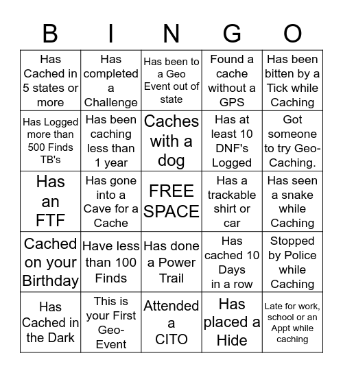 GEO-BINGO:   Mix, Mingle and have other Cachers sign your card.  Fill Card to Win. Bingo Card