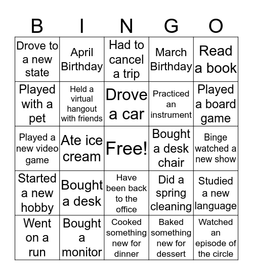 While in Quarantine I... Bingo Card