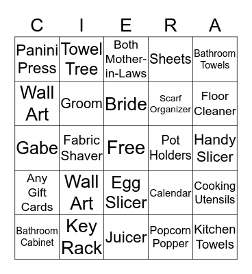 Ciera's Bridal Shower Bingo Card