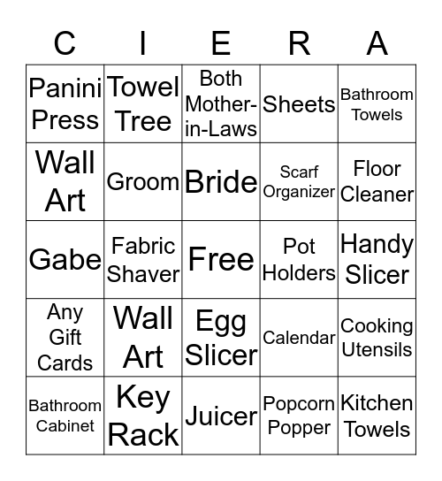 Ciera's Bridal Shower Bingo Card