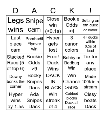 Duck Racing Bingo Card