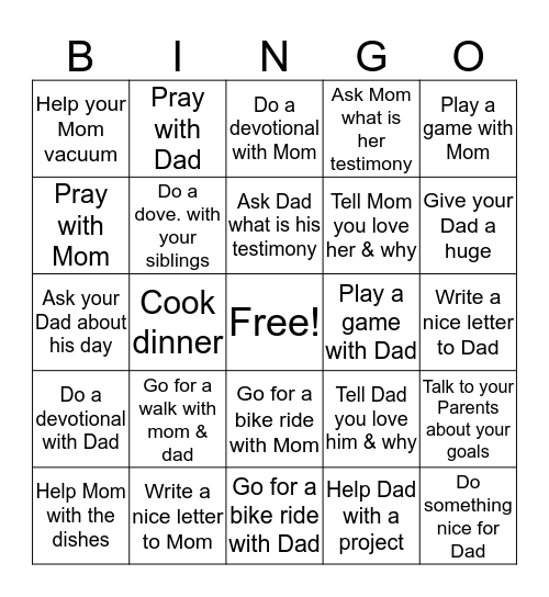 bingo with Parents Bingo Card