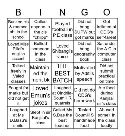 THE CLASS 9A BINGO(2019-20 BATCH) Bingo Card