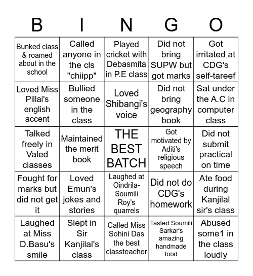 THE CLASS 9A BINGO(2019-20) Bingo Card