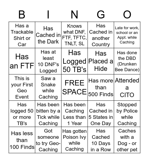 GEO-BINGO                                      Meet, Mix, Mingle and have other Cachers sign your Card. Fill card to Win. Each Cacher may sign 2 Boxes per Card. Bingo Card